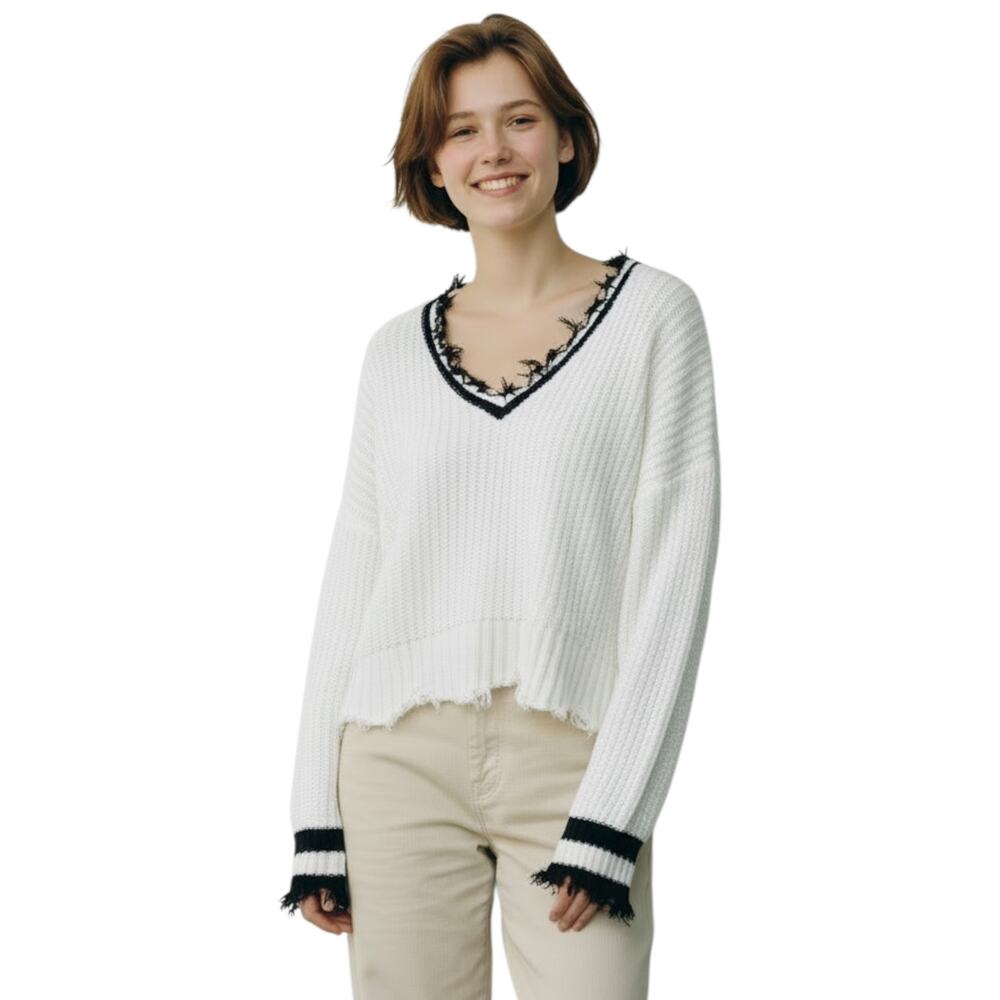 Z Supply Distressed V Neck Sweater Size XS White Navy Stripe Frayed Ribbed Knit